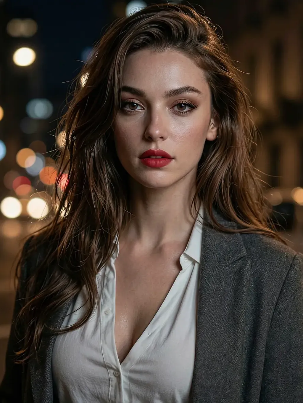 Fictional AI character in a white shirt and grey cardigan against a night skyline