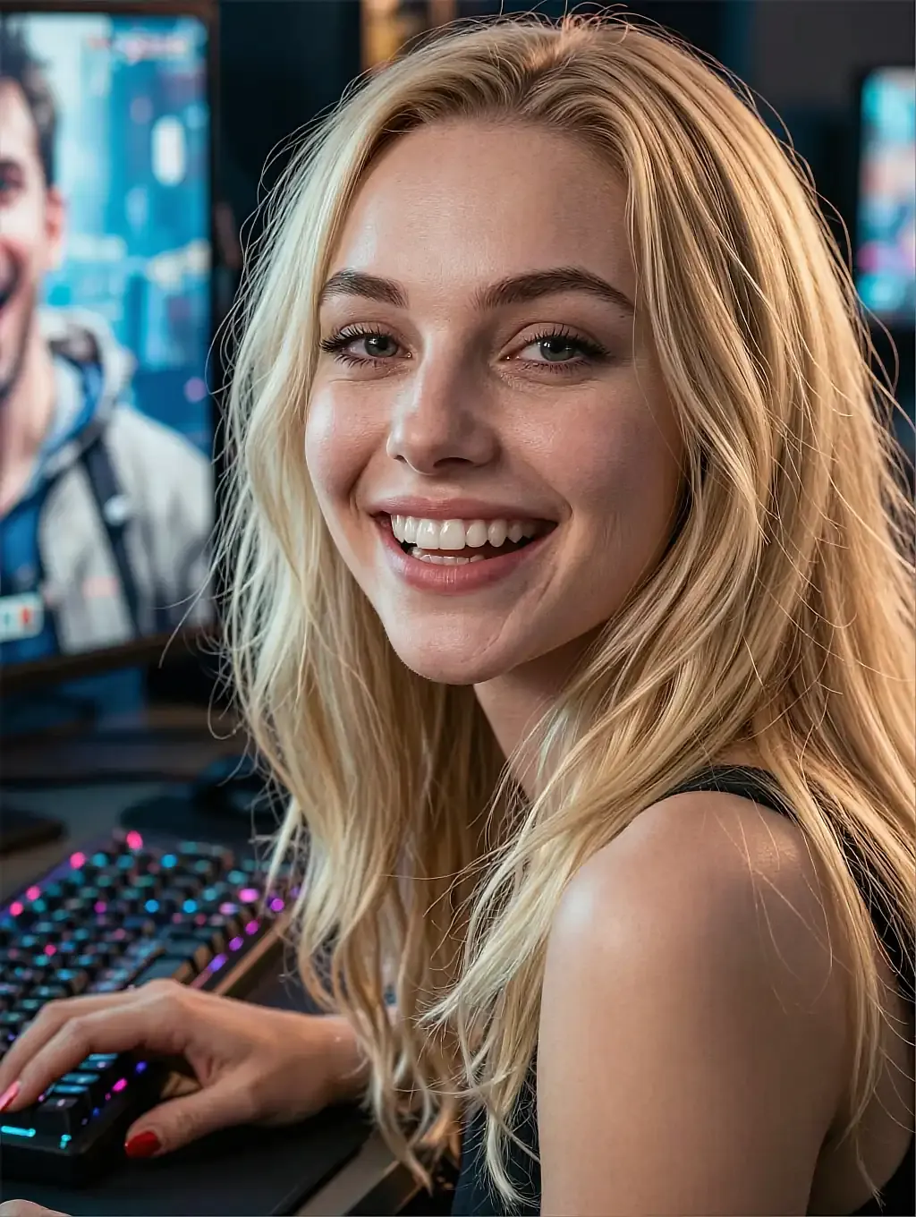 Fictional AI character laughing at a desk with a backlit keyboard, headphones on